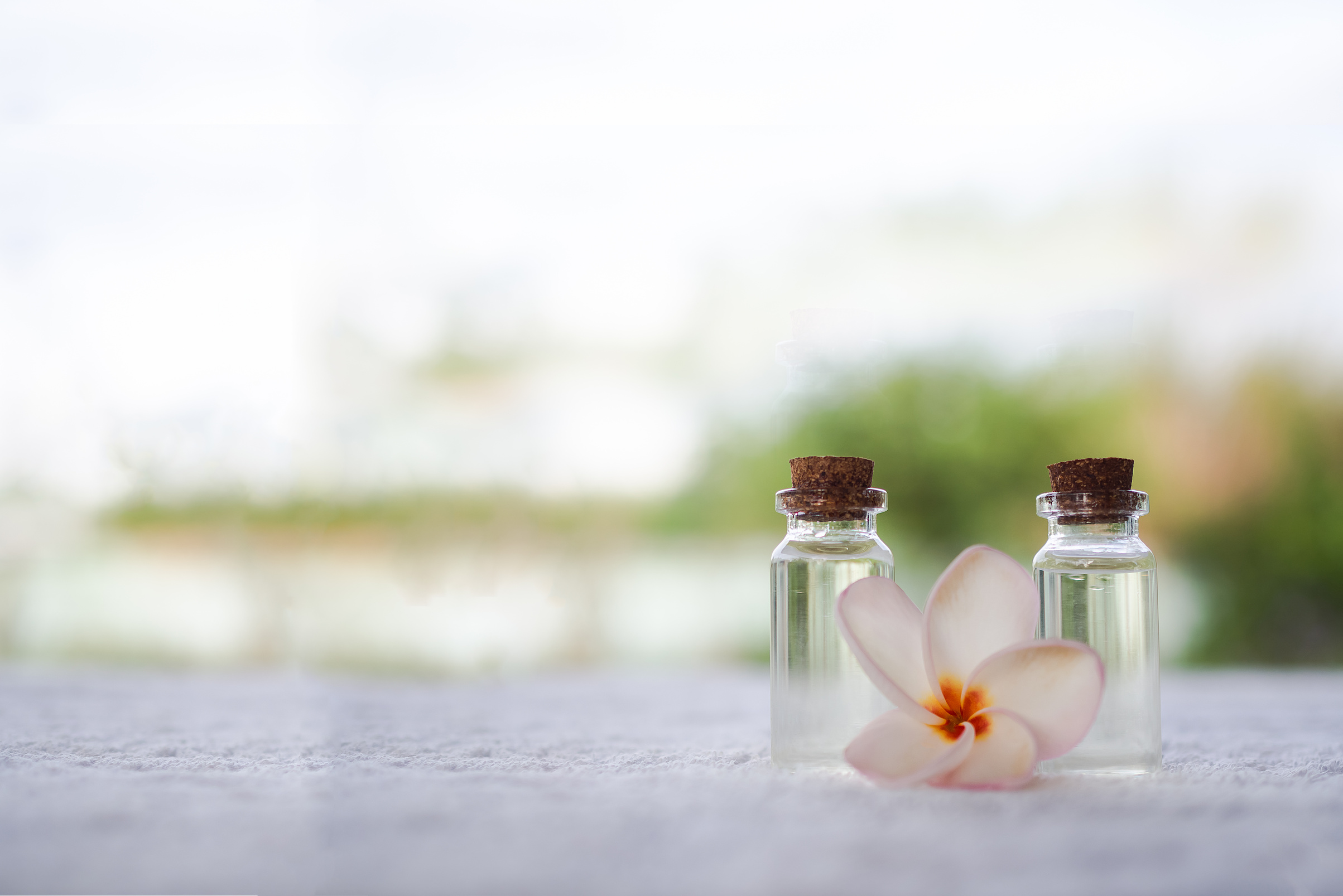 Plumeria oil in glass bottel with plumeria flower on white towel